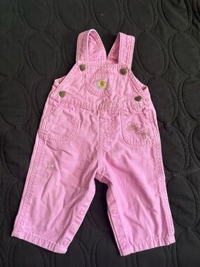 Carhartt Pink Baby Girls' Denim-Style Overalls with Flower Embroidery